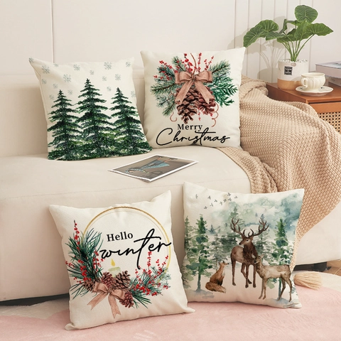 Christmas Pillowcase Cushion Cover Polyester Linen Blend Pinecone Reindeer Pine Tree Print For Living Room Sofa Home Decor