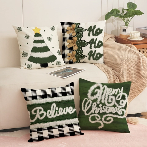 Fundas De Cojín De Navidad Lino Sintético Cuadros Buffalo Cuadrado Decoración Festiva Verde Blanco Para Sofá Salón