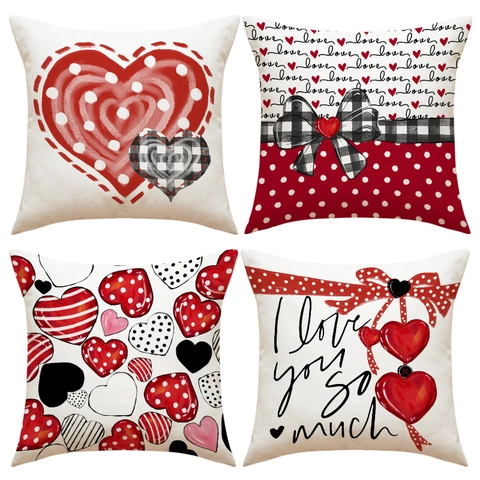 Valentine Day Heart Linen Throw Pillow Case Romantic Love Letter Print Decorative Cushion Cover For Home Couch Bedroom Decor