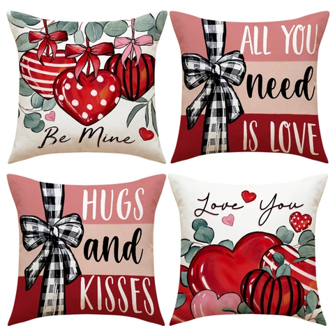 Valentine's Day Heart Pattern Faux Linen Pillowcase Romantic Love Letter Print Decorative Cushion Cover For Sofa Home Decor