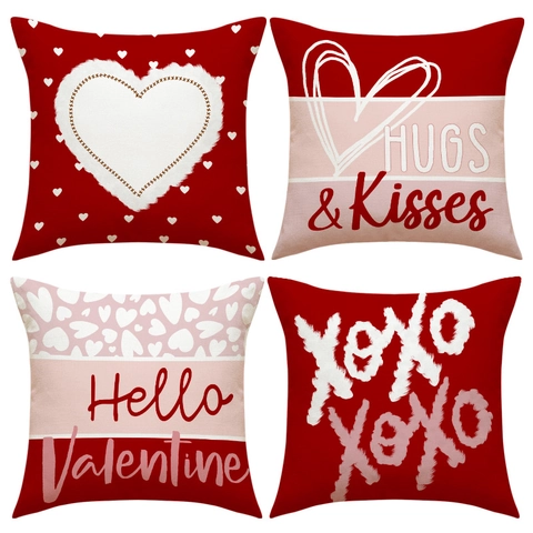 Valentine's Day Heart Pattern Decorative Faux Linen Pillow Cover Hugs Kisses XOXO Letter Print Cushion Case Without Insert