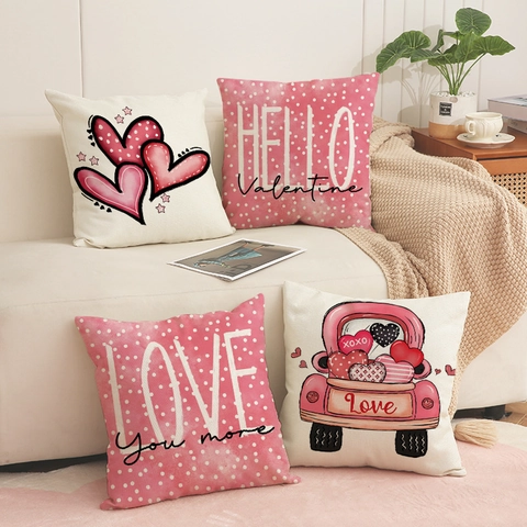 Valentijnsdag Kussenslopen Linnenmix Hartprint Roze Polkadots Rode Truck Vierkante Decoratieve Kussenhoezen Voor Sofa Huis