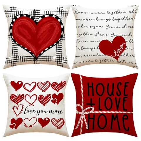 Valentinstag Herzmuster Leinenmischung Dekorative Kissenhülle Für Sofa Haus Dekor Liebe Buchstabendruck Quadratischer Kissenbezug