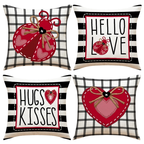 Valentine's Day Heart Ladybug Decorative Pillowcase Faux Linen Cushion Cover For Sofa Living Room Modern Home Decor