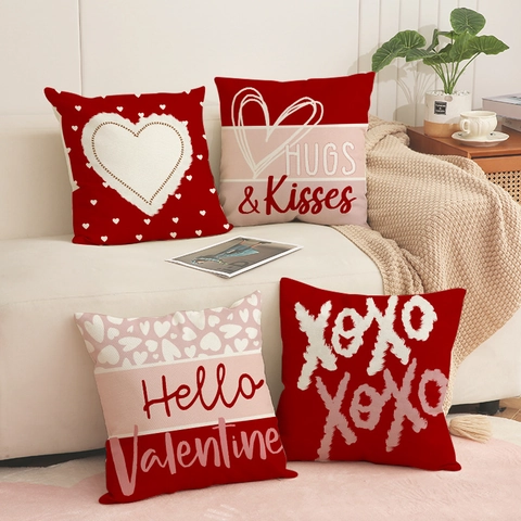 Valentine's Day Heart Pattern Decorative Faux Linen Pillow Cover Hugs Kisses XOXO Letter Print Cushion Case Without Insert