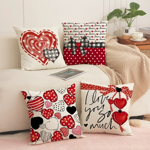 Valentine Day Heart Linen Throw Pillow Case Romantic Love Letter Print Decorative Cushion Cover For Home Couch Bedroom Decor