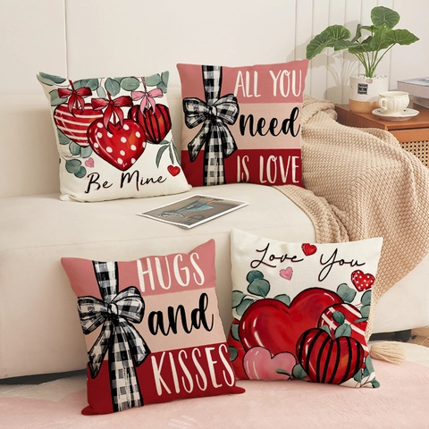 Valentine's Day Heart Pattern Faux Linen Pillowcase Romantic Love Letter Print Decorative Cushion Cover For Sofa Home Decor