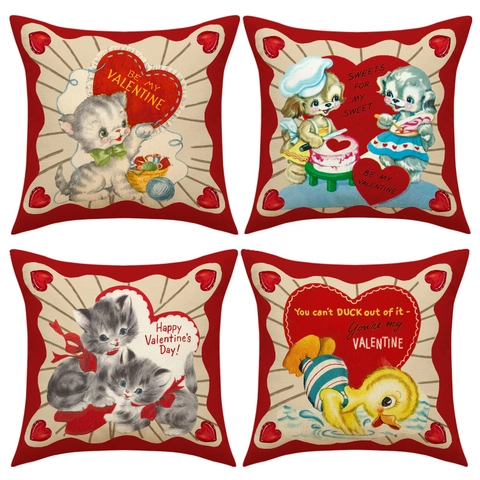 Valentine's Day Heart Pillow Cover Retro Animal Print Linen Blend Decorative Throw Pillow Case For Sofa Home Decor