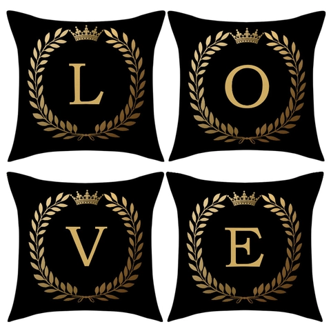 Taie d'Oreiller Noir et Or Lettre LOVE Couronne de Laurier Imitation Lin Housse de Cuscino Carrée pour Saint-Valentin Sofa