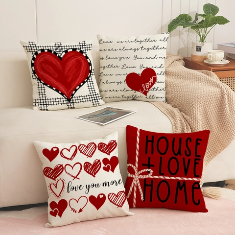 Valentinstag Herzmuster Leinenmischung Dekorative Kissenhülle Für Sofa Haus Dekor Liebe Buchstabendruck Quadratischer Kissenbezug
