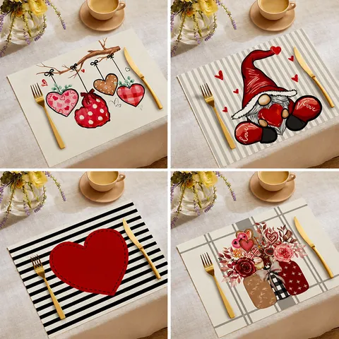 Valentine's Day Linen Placemats Red Heart Love Printed Heat Resistant Rectangular Table Mats For Dining Room Party Decor