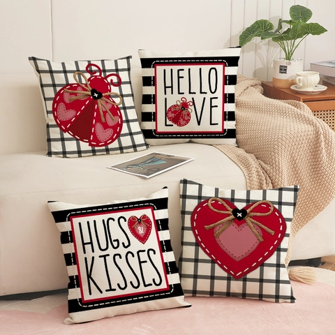 Valentine's Day Heart Ladybug Decorative Pillowcase Faux Linen Cushion Cover For Sofa Living Room Modern Home Decor
