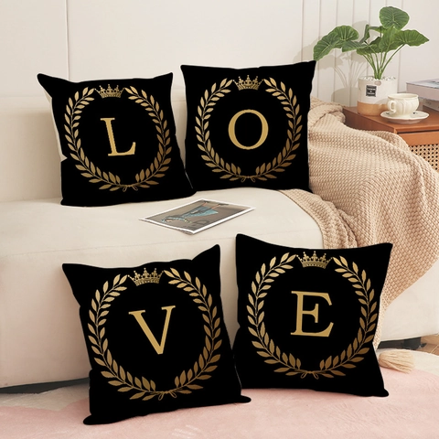 Taie d'Oreiller Noir et Or Lettre LOVE Couronne de Laurier Imitation Lin Housse de Cuscino Carrée pour Saint-Valentin Sofa