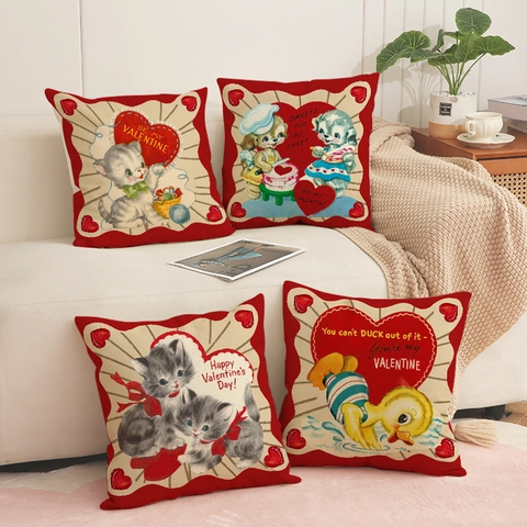 Valentine's Day Heart Pillow Cover Retro Animal Print Linen Blend Decorative Throw Pillow Case For Sofa Home Decor