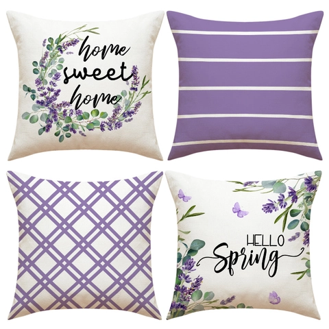 Spring Lavender Floral Stripe Plaid Linen Pillowcase Home Sweet Home Decorative Cushion Cover For Sofa Bedding Home Decor