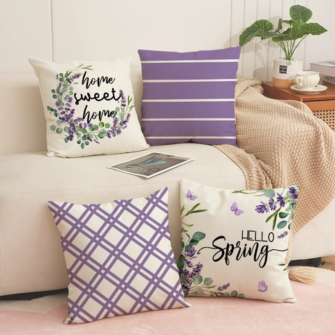 Spring Lavender Floral Stripe Plaid Linen Pillowcase Home Sweet Home Decorative Cushion Cover For Sofa Bedding Home Decor