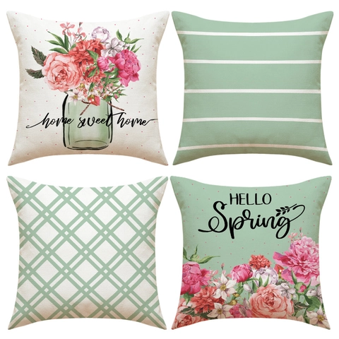 Frühlings Blumen Geometrisch Kissenbezug Set Leinenoptik Dekorativer Kissenbezug Für Wohnzimmer Sofa Modern Minimalistisch Quadratisch Kissenhülle