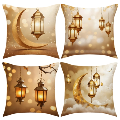Ramadan Eid Mubarak Cushion Cover Imitation Linen Moon Lantern Print Decorative Pillowcase For Home Sofa Living Room Islamic Ethnic Style Decor