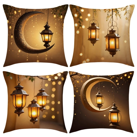 Funda De Almohada Decorativa De Ramadán Luna Linterna Mezcla De Poliéster Y Lino Decoración De Sofá De Sala