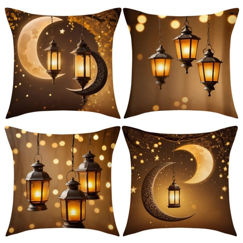 Ramadan Eid Mubarak Cushion Cover Faux Linen Gold Lantern Moon Pattern Decorative Pillowcase For Sofa Living Room Home Decor