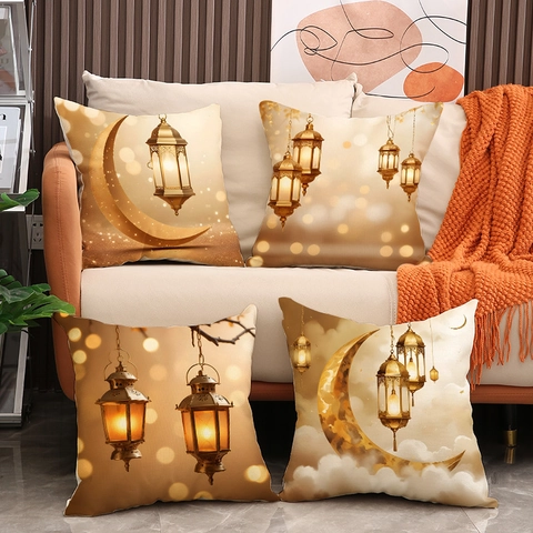 Ramadan Eid Mubarak Cushion Cover Imitation Linen Moon Lantern Print Decorative Pillowcase For Home Sofa Living Room Islamic Ethnic Style Decor