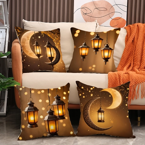Ramadan Eid Mubarak Cushion Cover Faux Linen Gold Lantern Moon Pattern Decorative Pillowcase For Sofa Living Room Home Decor