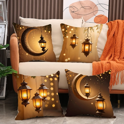Funda De Almohada Decorativa De Ramadán Luna Linterna Mezcla De Poliéster Y Lino Decoración De Sofá De Sala