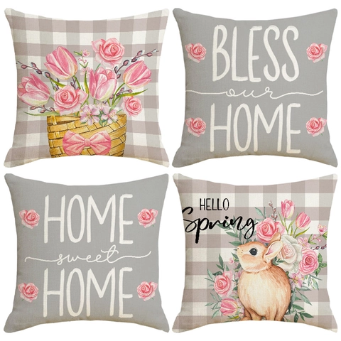 Funda de Cojín de Lino Con Estampado de Cesta de Flores y Conejo para Sala de Estar Decoración del Hogar Primavera Pascua Floral Cuadrada