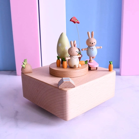 Caja De Música De Madera Mecánica Rotativa Pintada A Mano Conejo De Dibujos Animados Móvil Adorno Decoración Hogar Regalo