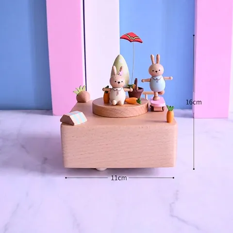 Caja De Música De Madera Mecánica Rotativa Pintada A Mano Conejo De Dibujos Animados Móvil Adorno Decoración Hogar Regalo