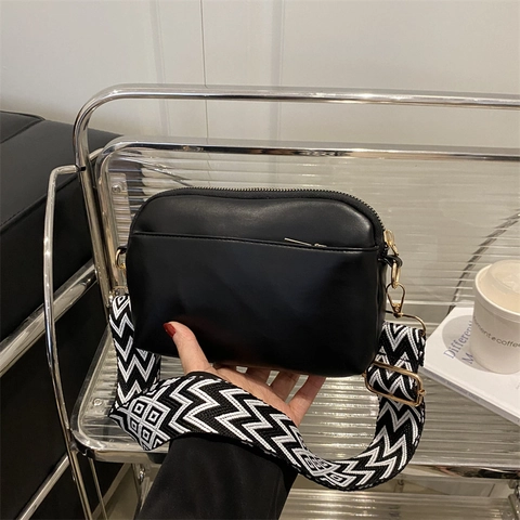 Women PU Leather Crossbody Bag Fashion Wide Strap Shoulder Handbag Geometric Pattern Zipper Casual Square Purse Lady