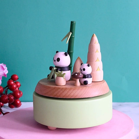 Cartoon Panda Rotating Wooden Music Box Handcrafted Beech Wood Forest Scene Desk Ornament Birthday Children Day Special Gift