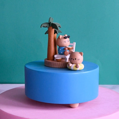 Creatieve Handgeschilderde Houten Muziekdoos Zomer Strandvakantie Kat Figuur Roterende Mechanische Muziekdoos Home Decor