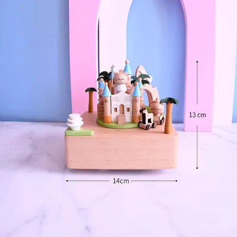 Handmade Wooden Music Box Beech Wood Mechanical Wind Up Mountain Castle Design Desktop Ornament Children Birthday Gift