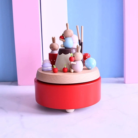 Handmade Wooden Music Box Dessert Party Theme Wood Wind-up Musical Box Desktop Ornament Gift For Kids Women Home Decor