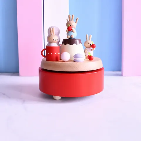 Handmade Wooden Music Box Dessert Party Theme Wood Wind-up Musical Box Desktop Ornament Gift For Kids Women Home Decor