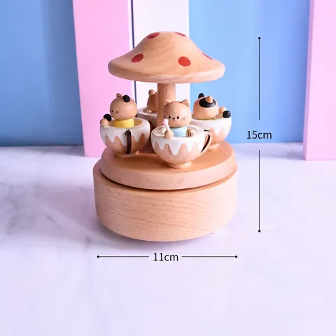 Beech Wood Rotating Mushroom Cat Music Box Mechanical Wind Up Musical Box Home Decoration Desktop Ornament Gift For Kids