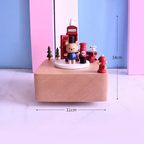 Houten Muziekdoos Londen Thema Roterende Mechanische Britse Stijl Telefooncel Bus Beer Soldaat Decoratie Geschenk