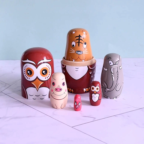 Wooden Russian Nesting Dolls Animal Pattern Owl Tiger Elephant Pig Cartoon Home Decoration Toy Hand Painted Ornament