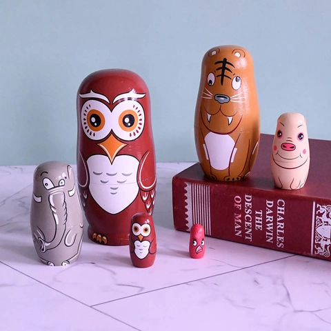 Wooden Russian Nesting Dolls Animal Pattern Owl Tiger Elephant Pig Cartoon Home Decoration Toy Hand Painted Ornament
