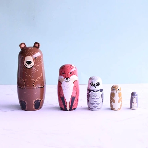 Wooden Russian Nesting Dolls Forest Animal Theme Matryoshka Bear Fox Owl Hand Painted Home Desk Decor Kids Gift