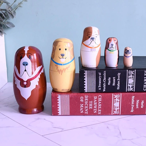Wooden Russian Nesting Dolls Matryoshka Hand Painted Dog Theme Animals Figurine Home Decoration Handicraft Gift