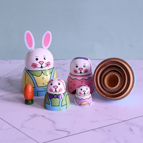 Macaron Χρώμα Ξύλινα Πασχαλινά Κουνελάκια Ρωσικές Κούκλες Φωλιάσματος Πολυεπίπεδη Ζωγραφισμένη στο Χέρι Κουνέλι Ματριόσκα Για Παιδιά Δώρο Σπίτι Διακόσμηση