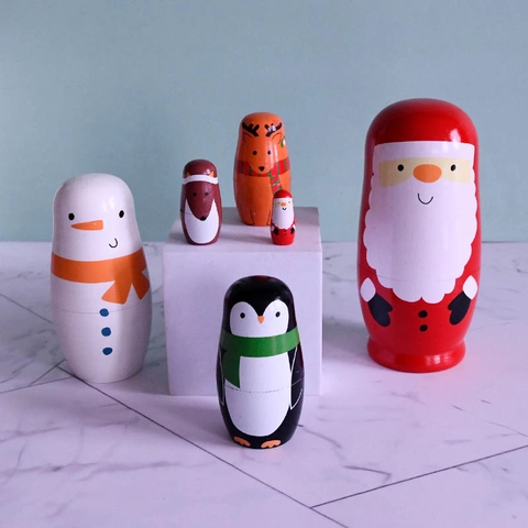 Christmas Nesting Dolls Wood Hand Painted Matryoshka Dolls Santa Claus Snowman Reindeer Penguin For Kids Home Decor Gift