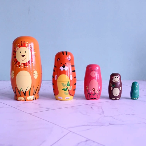 Poupées Russes Matriochka En Bois Peintes À La Main Motif Animaux Zoo Lion Tigre Singe Jouet Éducatif Décoration Maison
