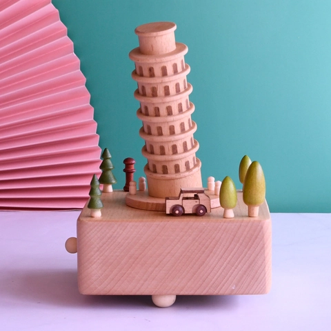Boîte À Musique En Bois Modèle Tour De Pise Mécanique À Remonter Artisanat Hêtre Style Européen Décoration Cadeau