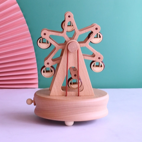 Boîte à Musique Grande Roue en Bois de Hêtre Artisanal Remontage Mécanique Ornement Musical Décoration Maison Cadeau Anniversaire Saint-Valentin
