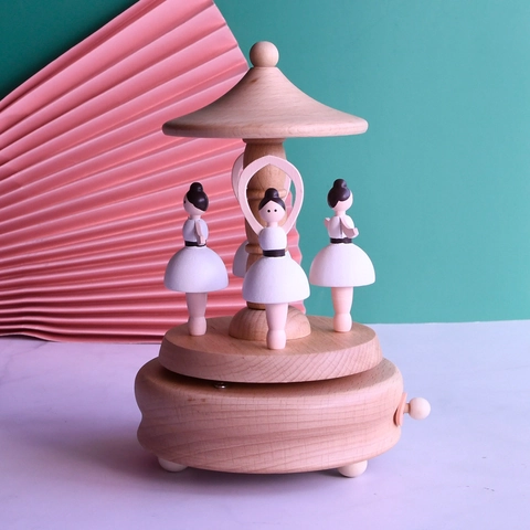 Boîte À Musique En Bois De Hêtre Ballerine Rotative Mécanique À Remontoir Décoration De Bureau Cadeau