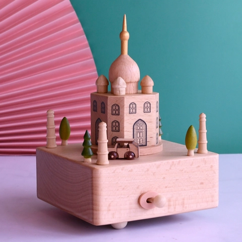 Boîte À Musique En Bois De Hêtre Architecture Taj Mahal Remontage Mécanique Ornement Musical Déco Maison Cadeau