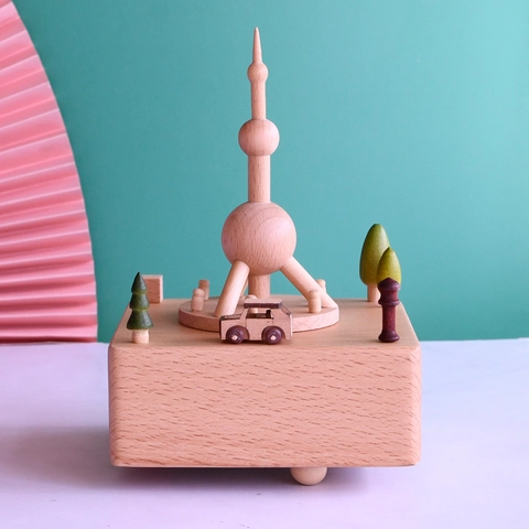 Boîte À Musique Mécanique En Bois De Hêtre Shanghai Oriental Artificial Pearl Tower Souvenir De Repère Décoration Artisanale